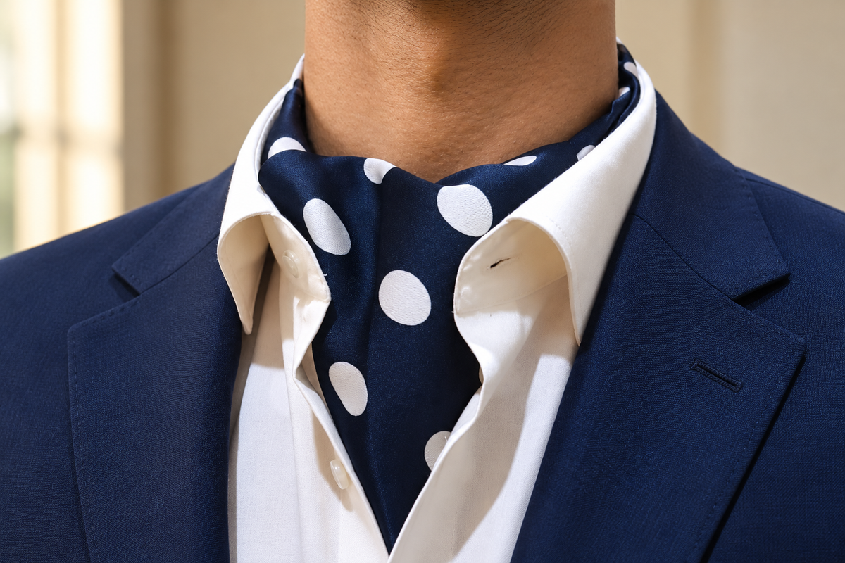 Close view of a navy ascot with large ivory dots tucked inside an open ivory shirt and navy jacket.