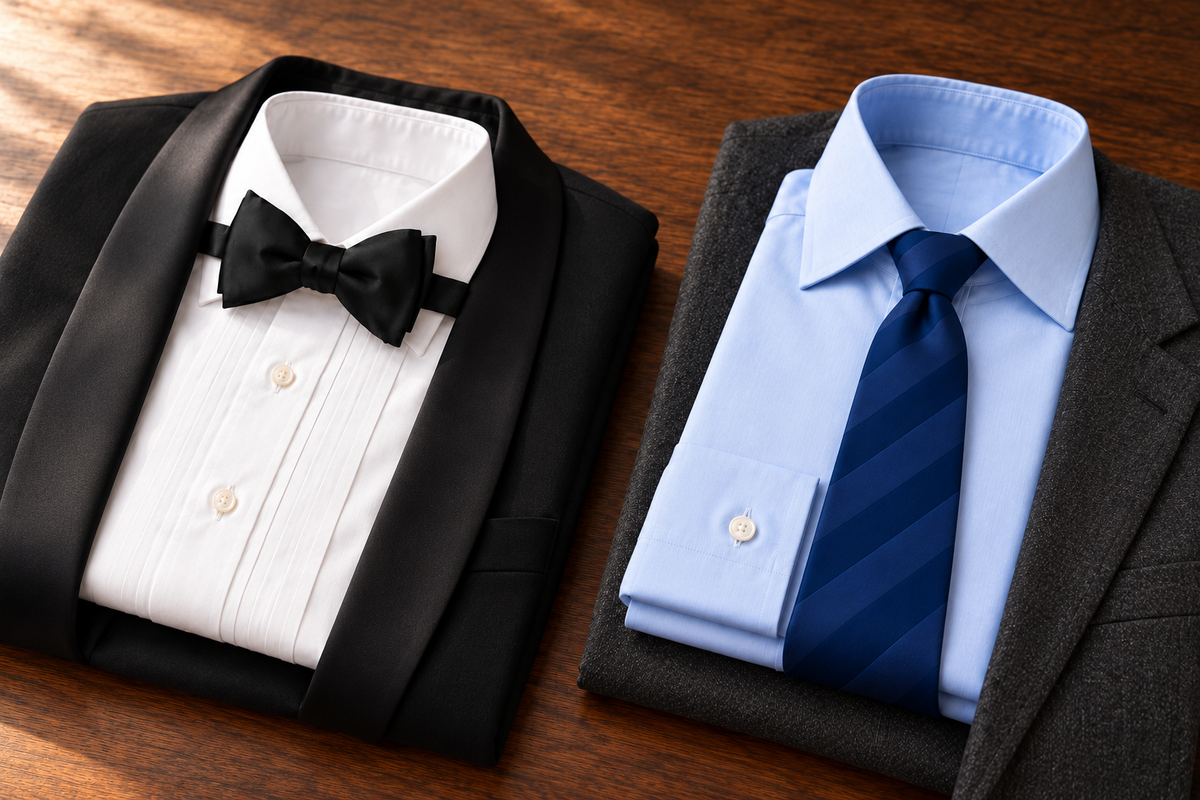 A black bow tie and navy striped necktie styled with folded formal and daytime shirts.