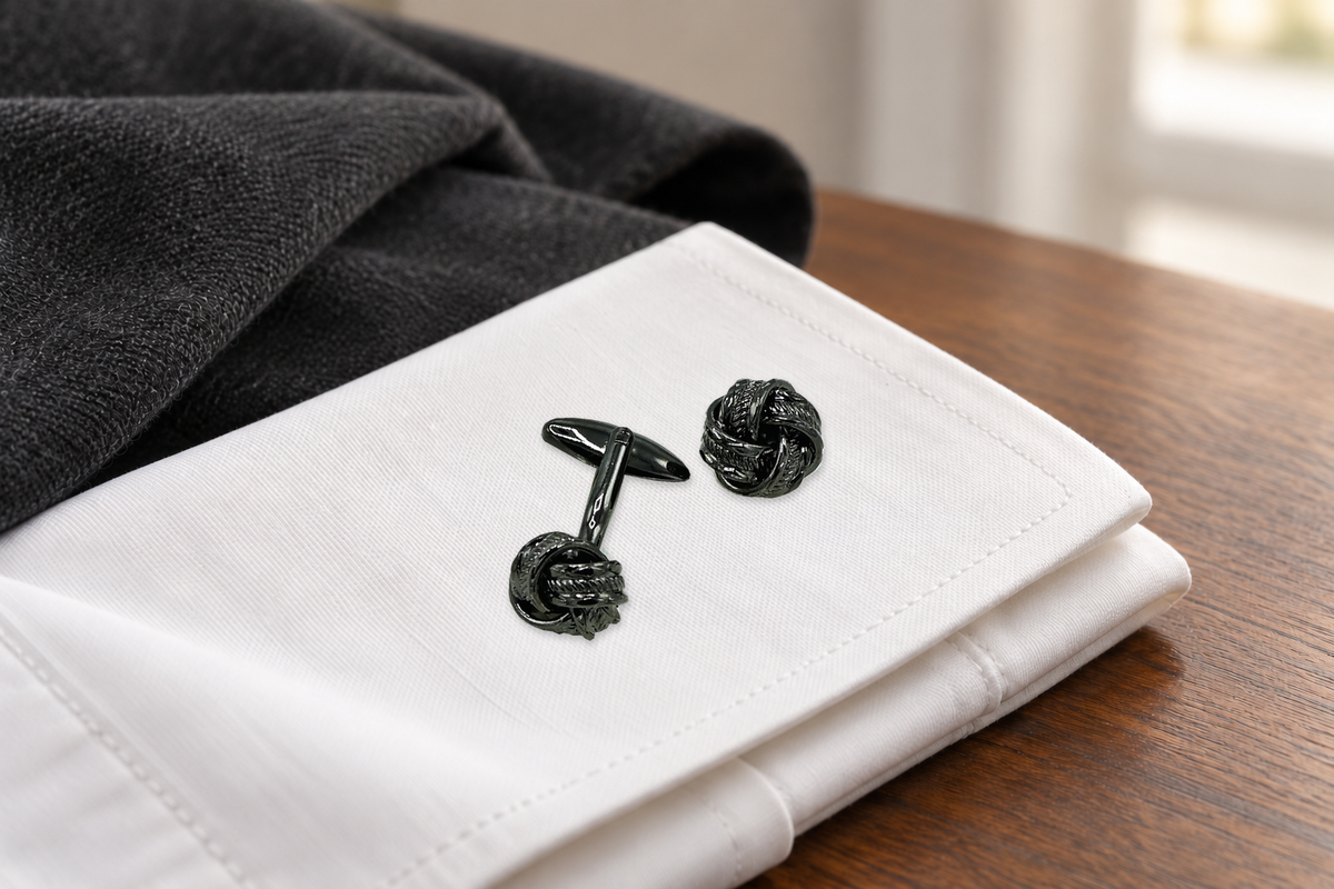 Two Weave Knot Gun Metal cufflinks resting on a folded white cuff, with the knot face and oval back visible.