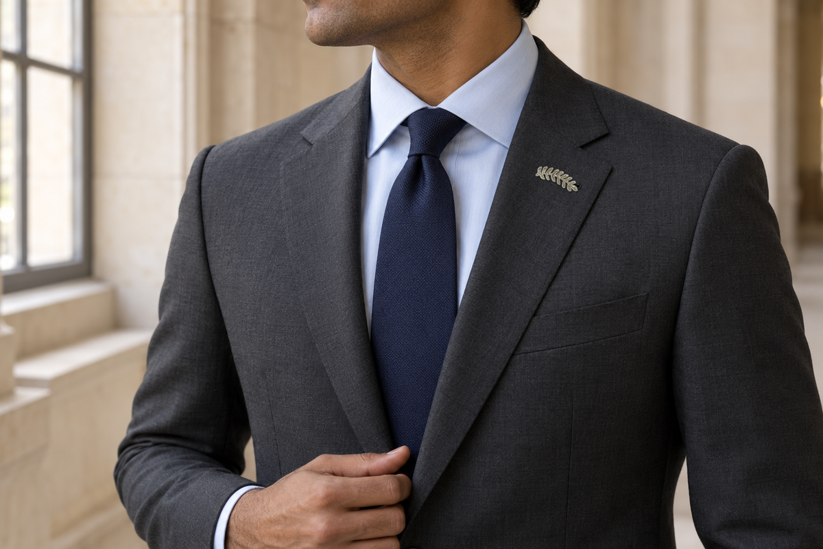 Barley Leaf Silver Lapel Pin across the wearer’s left charcoal lapel buttonhole, with a blue shirt and navy tie.