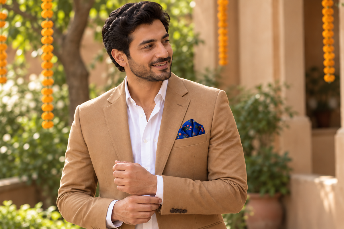 Groom in a plain tan jacket and white open-collar shirt adjusting his cuff, with a royal-blue floral pocket square and marigolds behind.