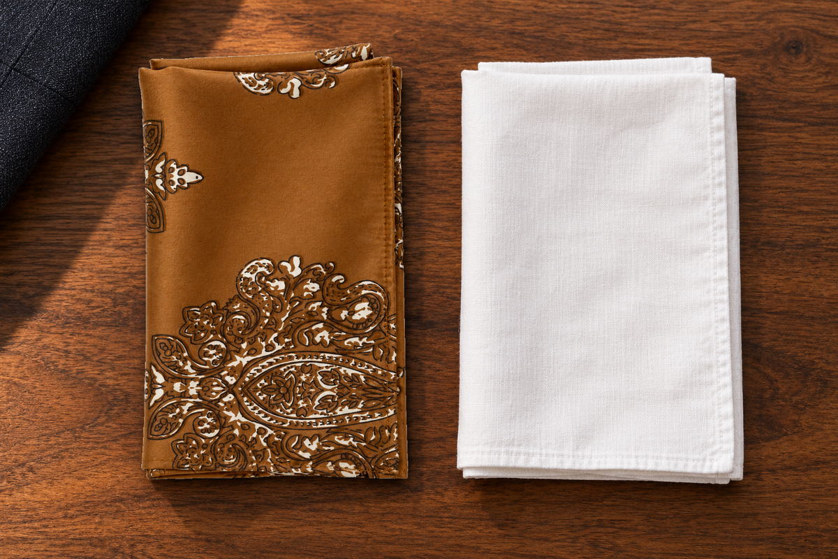 Copper paisley pocket square beside a plain white handkerchief on a walnut dressing surface.