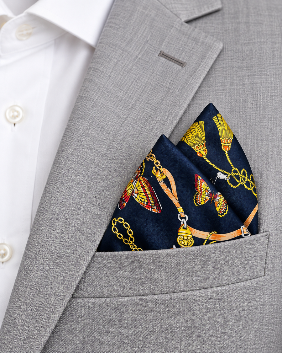 Deep Midnight Blue Butterfly Charms Silk Pocket Square