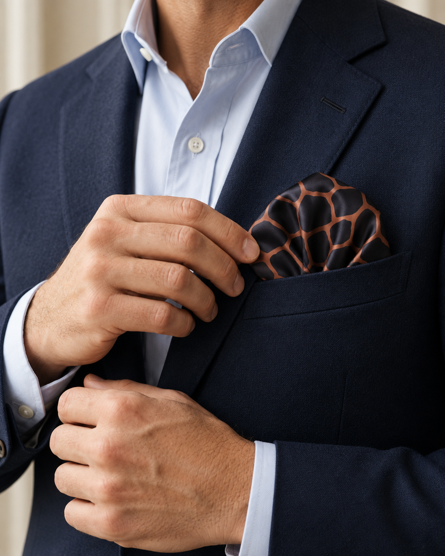 Midnight Giraffe Mosaic Silk Pocket Square