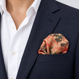 Abstract Floral pocket square — navy jacket · wearing detail.