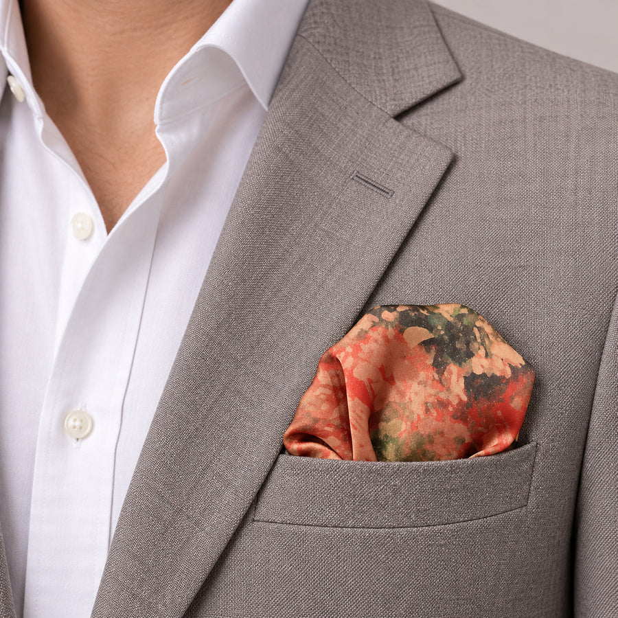 Abstract Floral pocket square — light jacket · wearing detail.