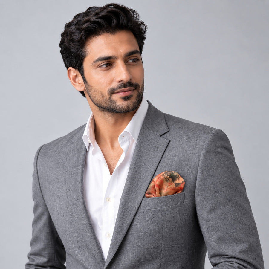 Abstract Floral pocket square — model · light grey and open collar.