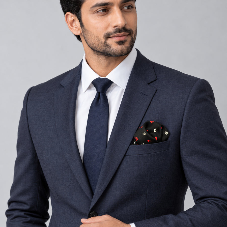 Abstract Horse pocket square — formal model · navy and tie.