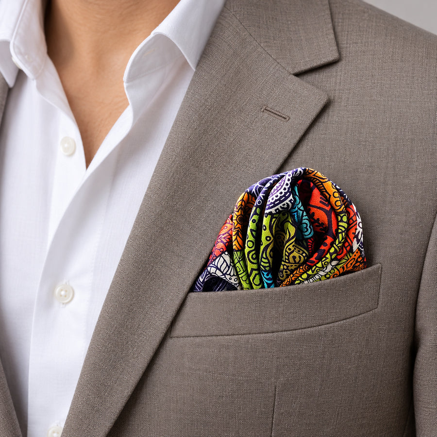 Abstract Matrix pocket square — light jacket · wearing detail.