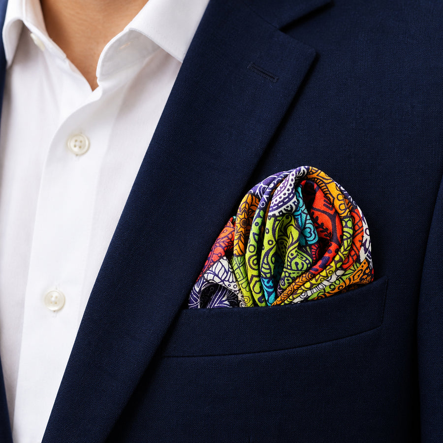 Abstract Matrix pocket square — navy jacket · alternate fold.