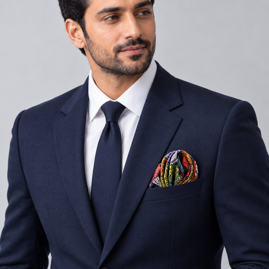 Abstract Matrix pocket square — formal model · navy and tie.