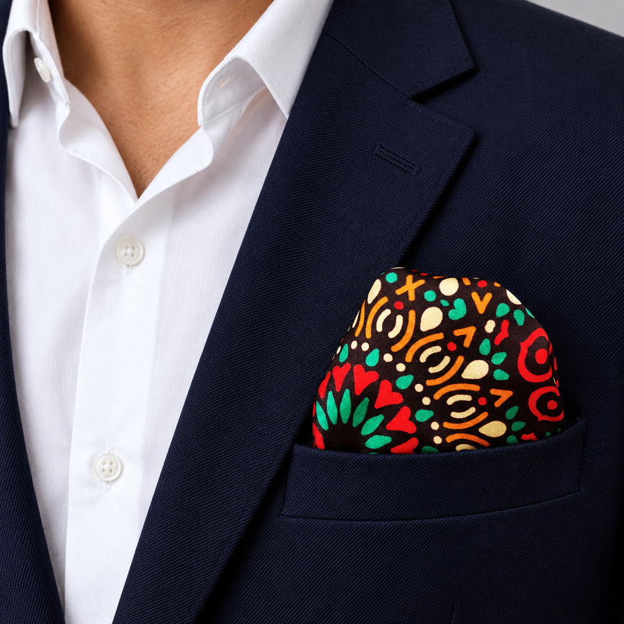 African Art silk pocket square pocket square — navy jacket · wearing detail.