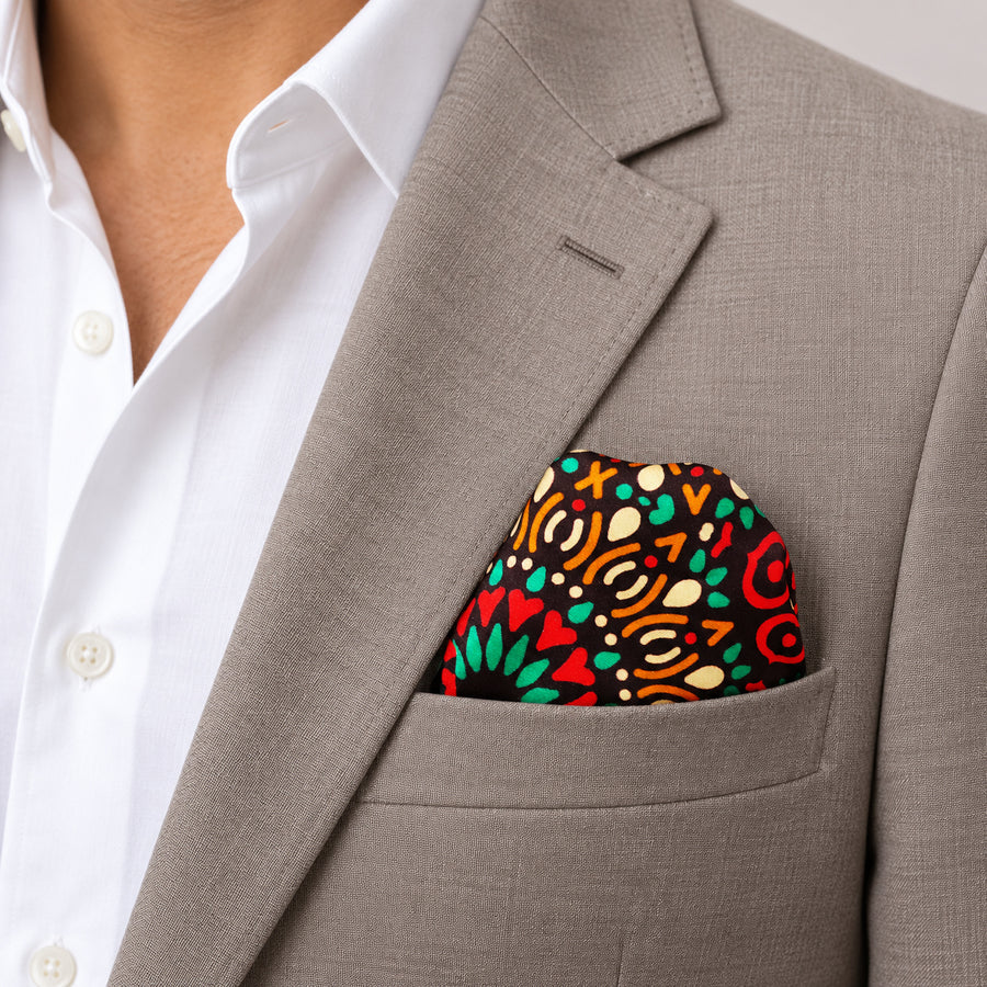 African Art silk pocket square pocket square — light jacket · wearing detail.