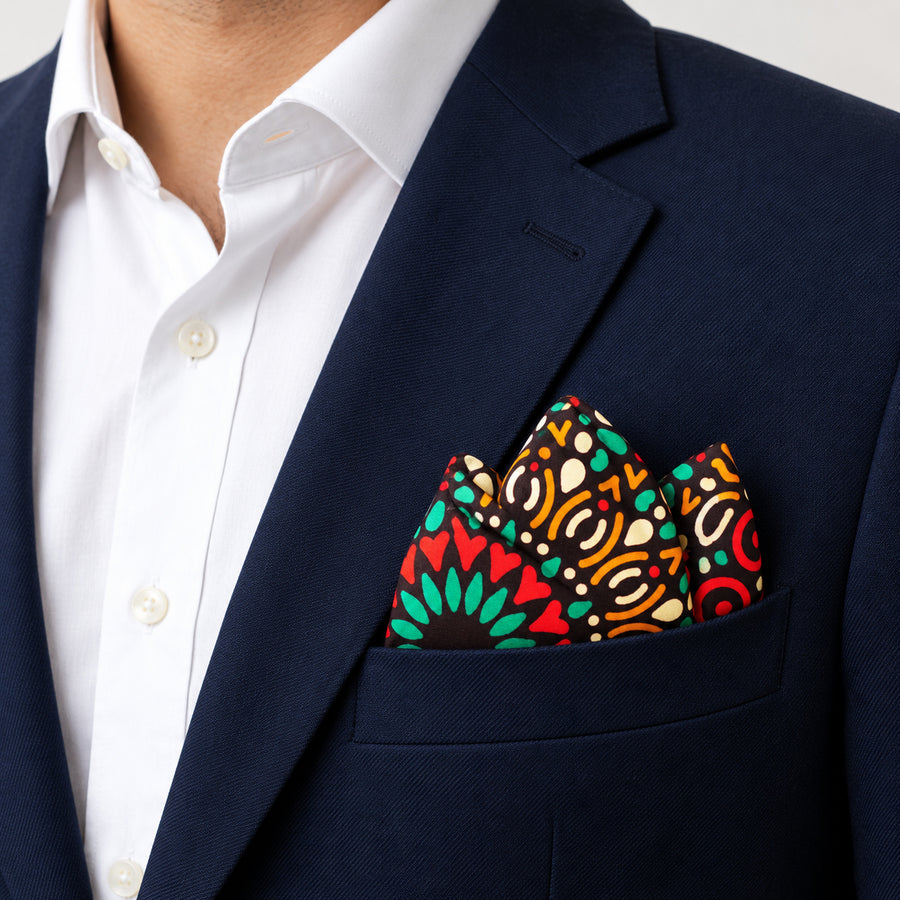 African Art silk pocket square pocket square — navy jacket · alternate fold.