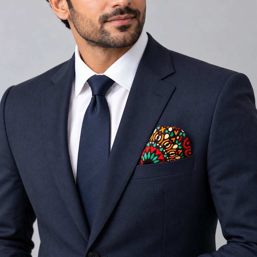 African Art silk pocket square pocket square — formal model · navy and tie.