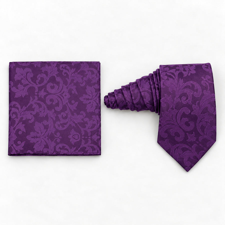 Amethyst Scroll Damask silk tie and matching pocket square — Natural coiled pair