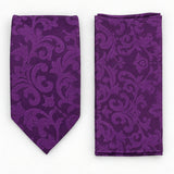 Amethyst Scroll Damask silk tie and matching pocket square — Matching weave and hem