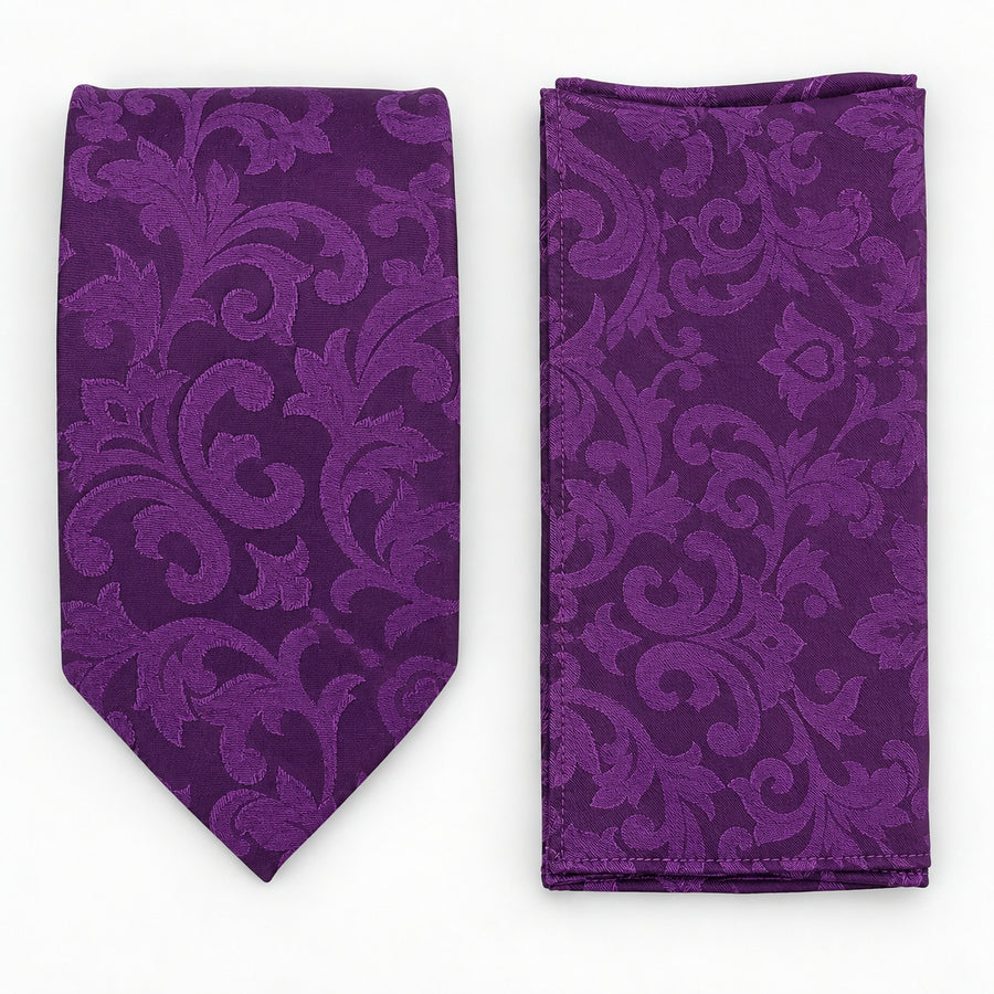 Amethyst Scroll Damask silk tie and matching pocket square — Matching weave and hem
