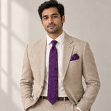 Amethyst Scroll Damask silk tie and matching pocket square — Light beige · studio portrait