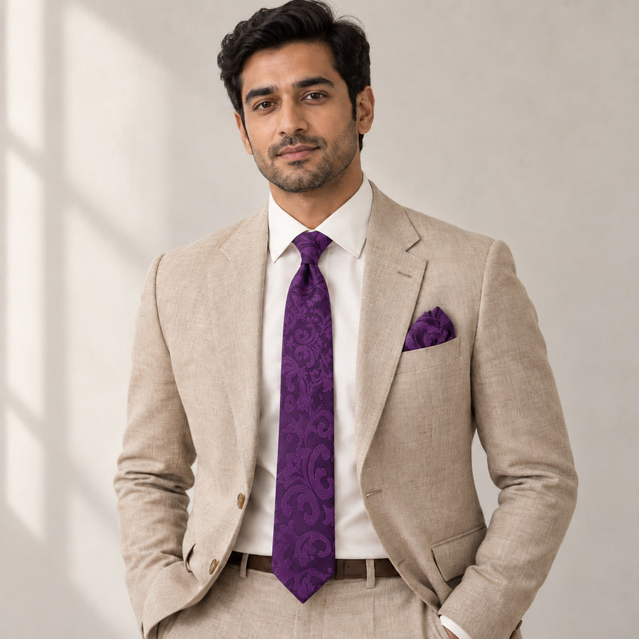 Amethyst Scroll Damask silk tie and matching pocket square — Light beige · studio portrait