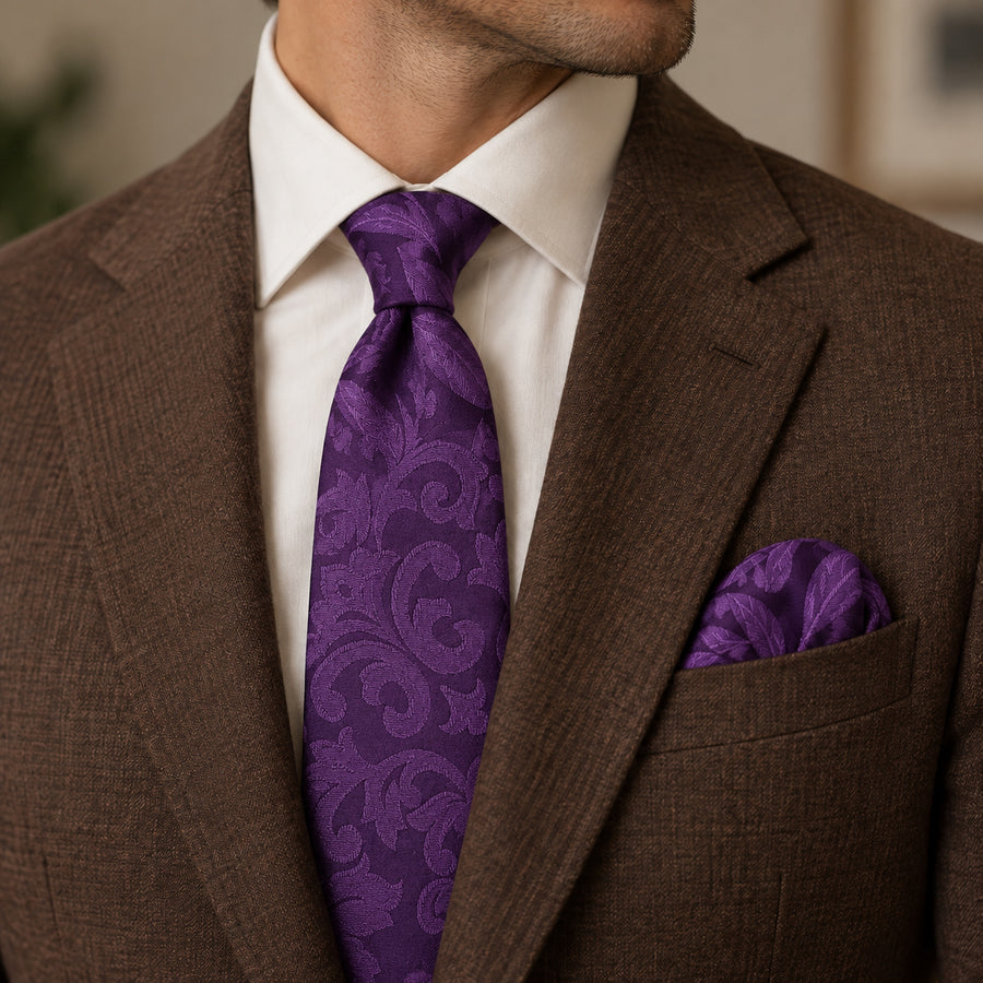 Amethyst Scroll Damask silk tie and matching pocket square — Tobacco brown · notch lapel