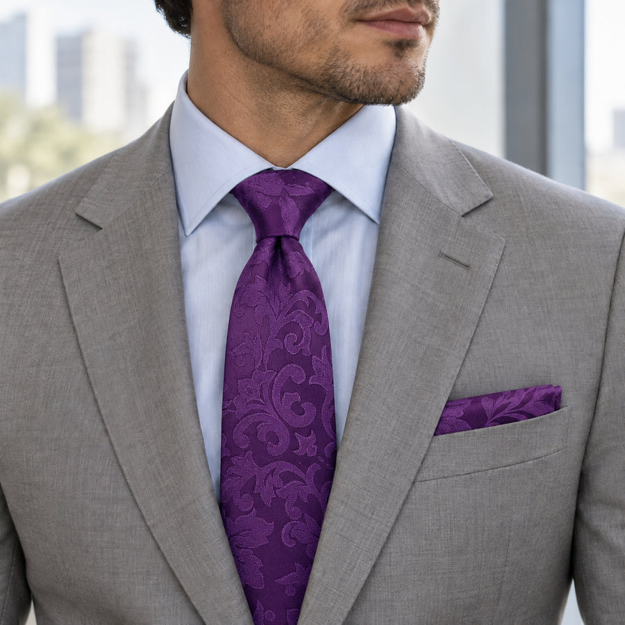 Amethyst Scroll Damask silk tie and matching pocket square — Stone grey · pale blue shirt