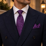 Amethyst Scroll Damask silk tie and matching pocket square — Midnight blue · evening detail
