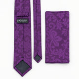 Amethyst Scroll Damask silk tie and matching pocket square — Rear construction and matching fold