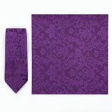 Amethyst Scroll Damask silk tie and matching pocket square — Full square · overhead pair