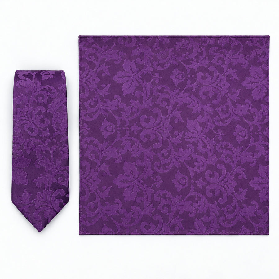 Amethyst Scroll Damask silk tie and matching pocket square — Full square · overhead pair