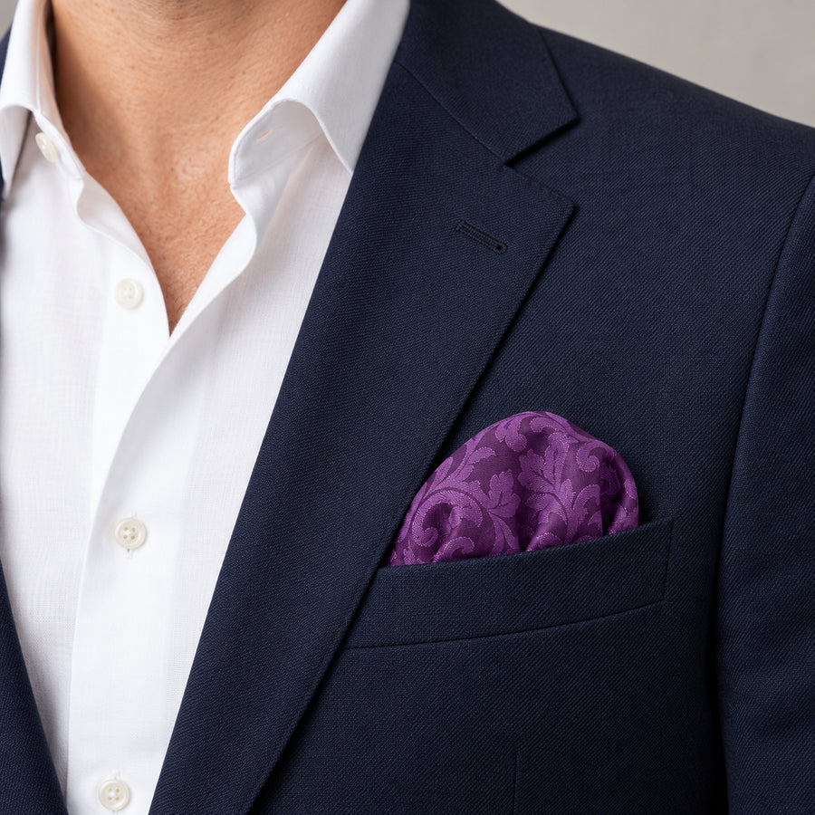 Amethyst Scroll Damask Silk Pocket Square — navy jacket · rounded puff.