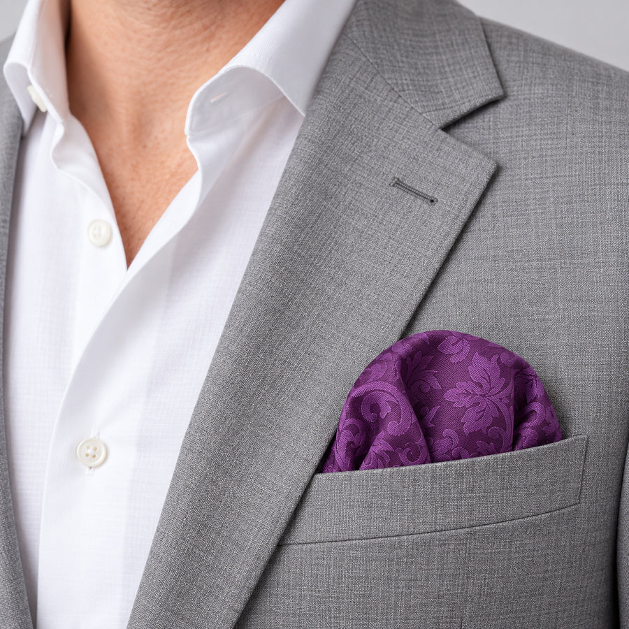 Amethyst Scroll Damask Silk Pocket Square — light jacket · rounded puff.