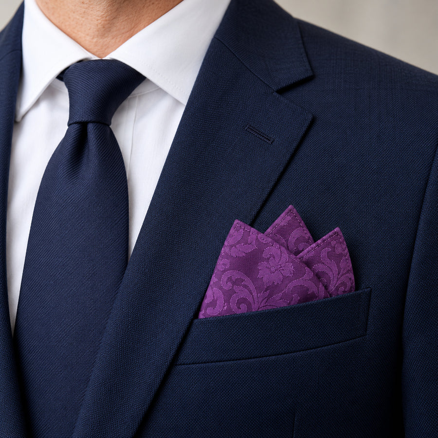 Amethyst Scroll Damask Silk Pocket Square — navy jacket · pointed fold.