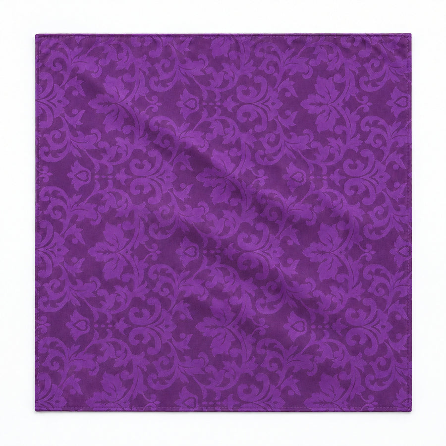 Amethyst Scroll Damask Silk Pocket Square — unfolded studio detail.
