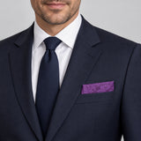 Amethyst Scroll Damask Silk Pocket Square — formal model · navy and tie.