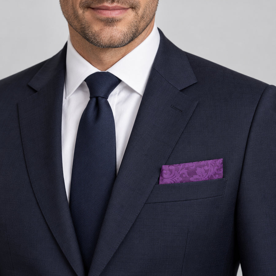 Amethyst Scroll Damask Silk Pocket Square — formal model · navy and tie.