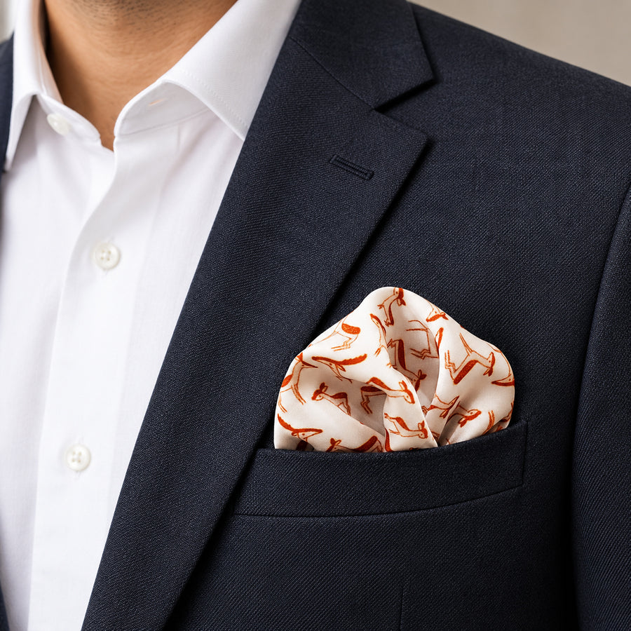 ANIMATED DEER SILK POCKET SQUARES pocket square — navy jacket · alternate fold.