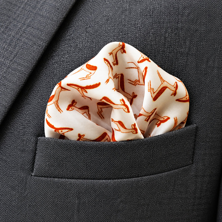 ANIMATED DEER SILK POCKET SQUARES pocket square — close-up wearing detail.
