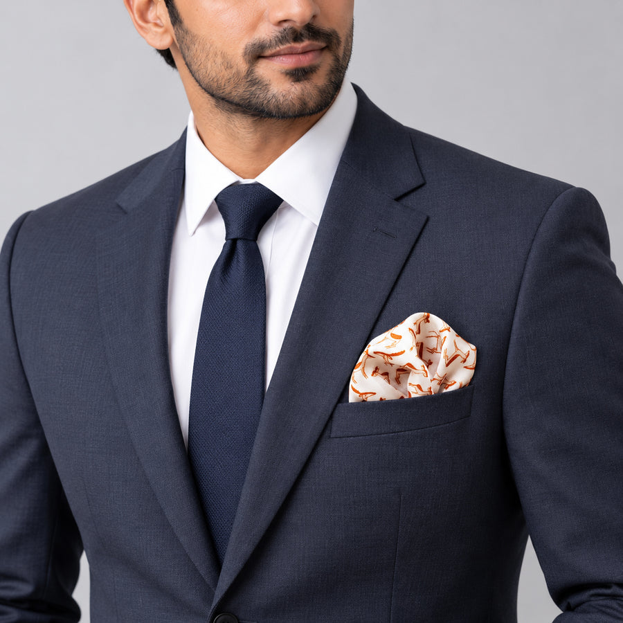 ANIMATED DEER SILK POCKET SQUARES pocket square — formal model · navy and tie.