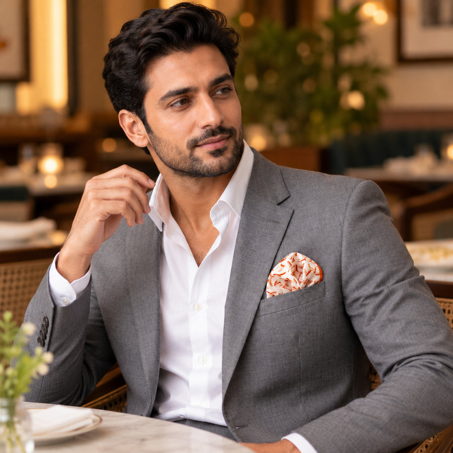 ANIMATED DEER SILK POCKET SQUARES pocket square — restaurant lifestyle.