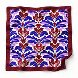 Antique Abstract pocket square with purple, lavender and burgundy acanthus print on white — unfolded studio detail.