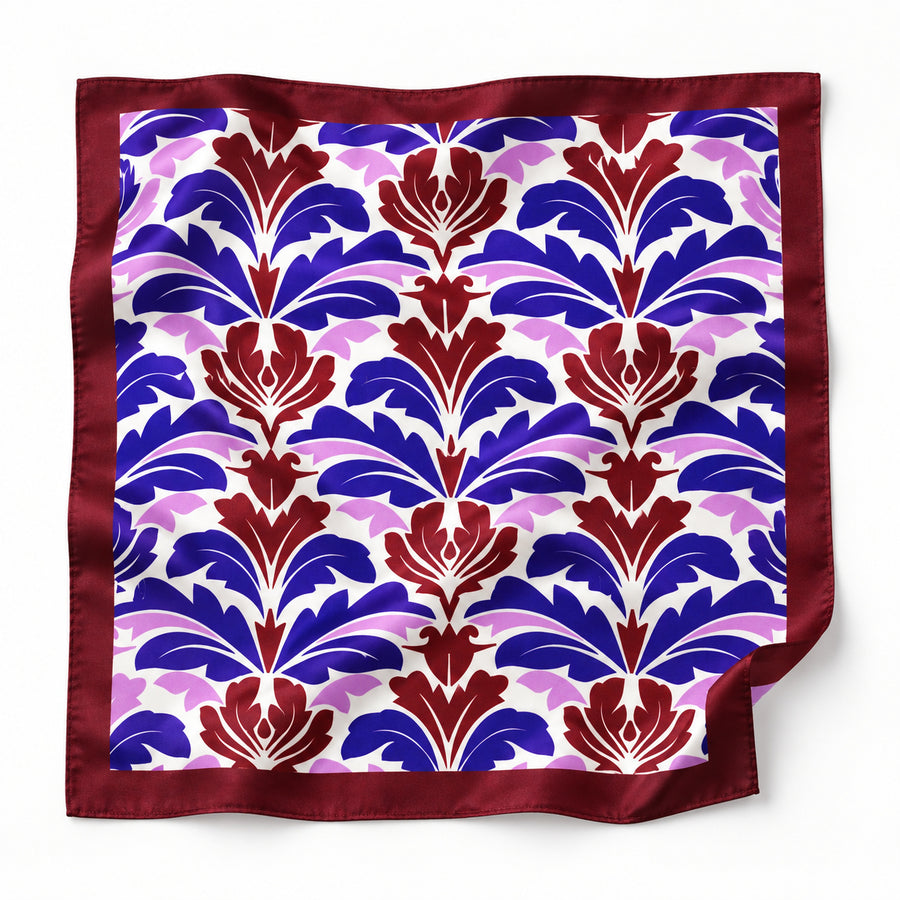 Antique Abstract pocket square with purple, lavender and burgundy acanthus print on white — unfolded studio detail.