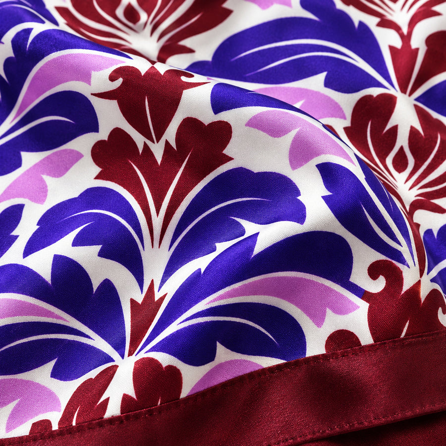 Antique Abstract pocket square with purple, lavender and burgundy acanthus print on white — fabric and design close-up.