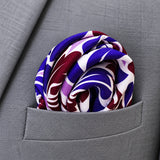 Antique Abstract pocket square with purple, lavender and burgundy acanthus print on white — close-up wearing detail.