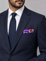 Antique Abstract pocket square with purple, lavender and burgundy acanthus print on white — formal model · navy and tie.