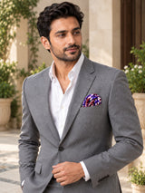 Antique Abstract pocket square with purple, lavender and burgundy acanthus print on white — outdoor lifestyle.