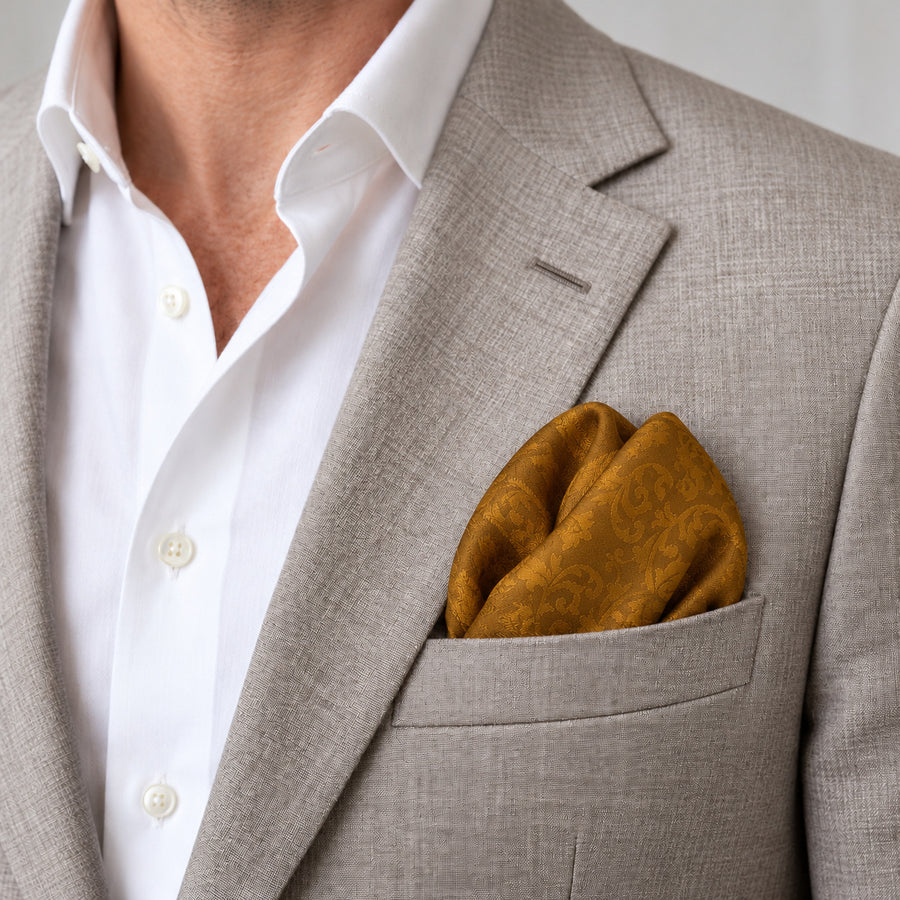 Antique Gold Scroll Damask Silk Pocket Square — Light jacket · rounded puff