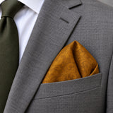 Antique Gold Scroll Damask Silk Pocket Square — Close-up wearing detail