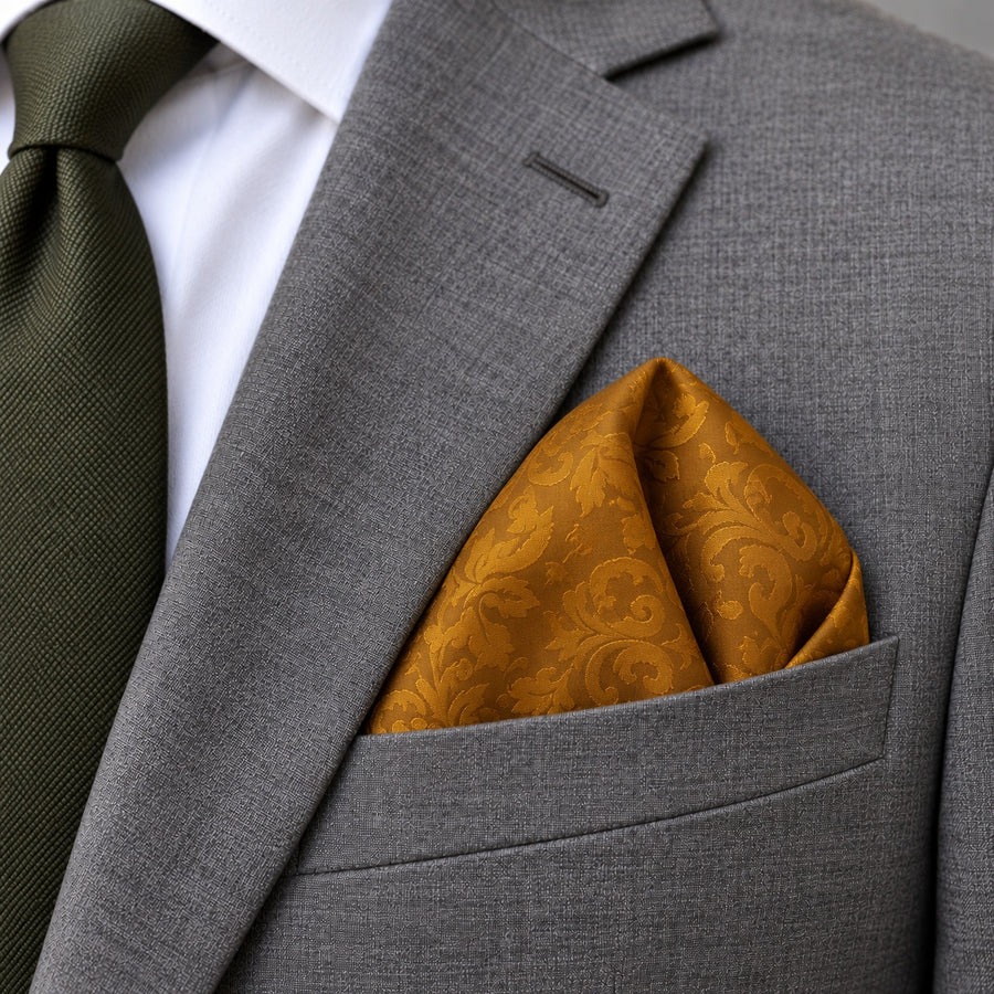 Antique Gold Scroll Damask Silk Pocket Square — Close-up wearing detail