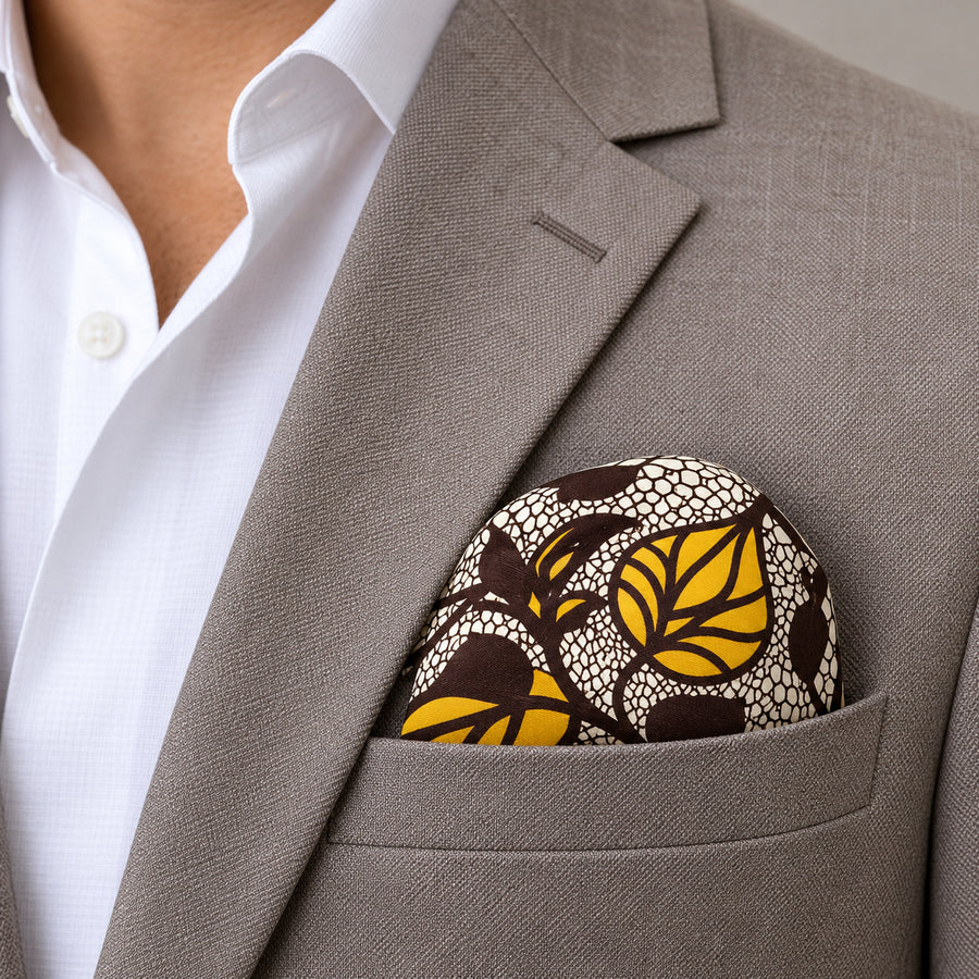 Autumn to Remember pocket square — light jacket · wearing detail.